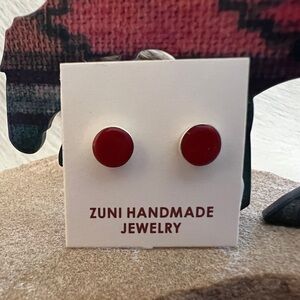 ❤️ Native “Angie Rosetta” Zuni Handmade Red Coral Stud  Earrings Sterling Silver